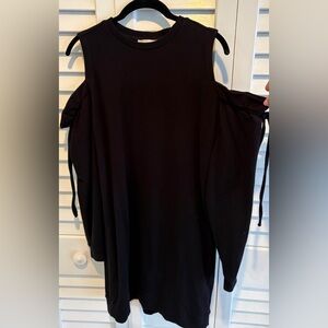 Black Cold Shoulder Dress Mini Thick Knit Ruffled Drawstring Long Sleeve S/M
